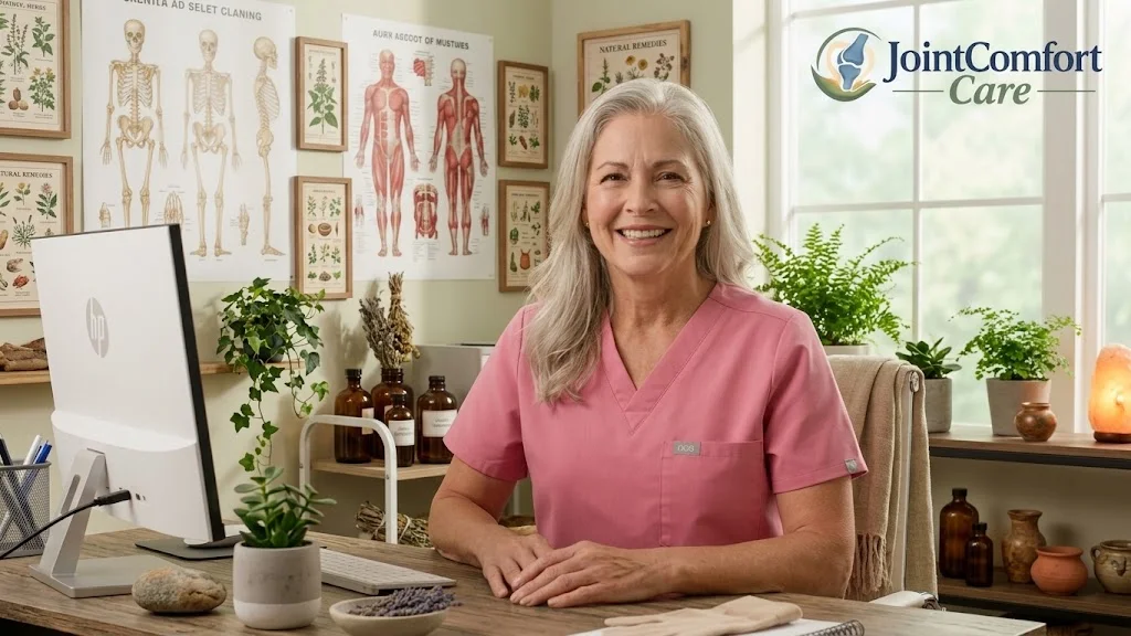 Lisa Strong, Director of Senior Care, smiling at her desk in a pink scrub top