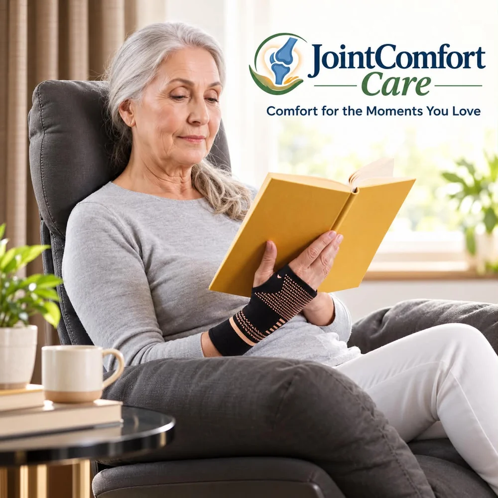 Senior woman wearing copper wrist compression sleeves for arthritis hand pain