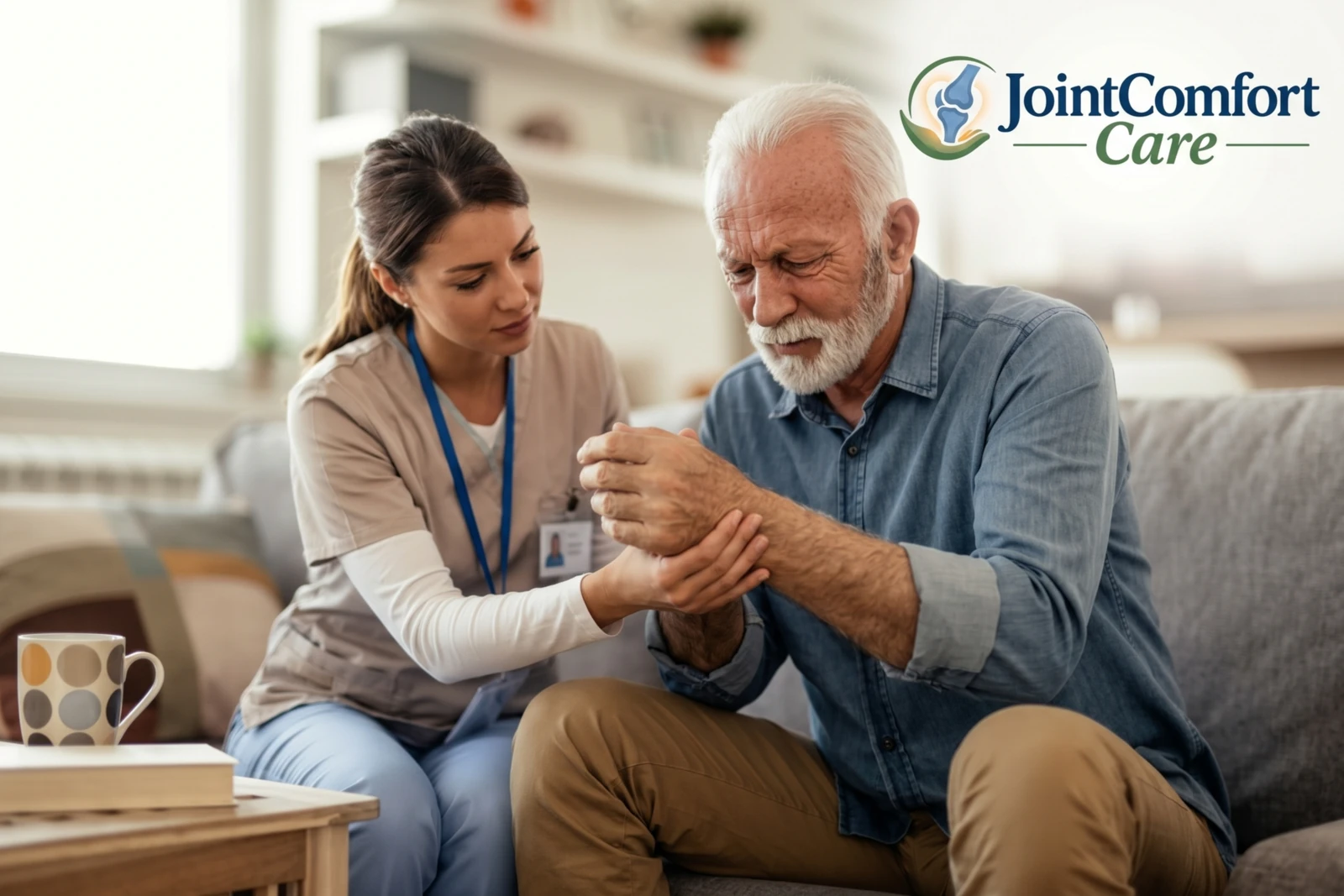 Caregiver supporting a senior's sore, arthritic wrist, with the JointComfort Care logo