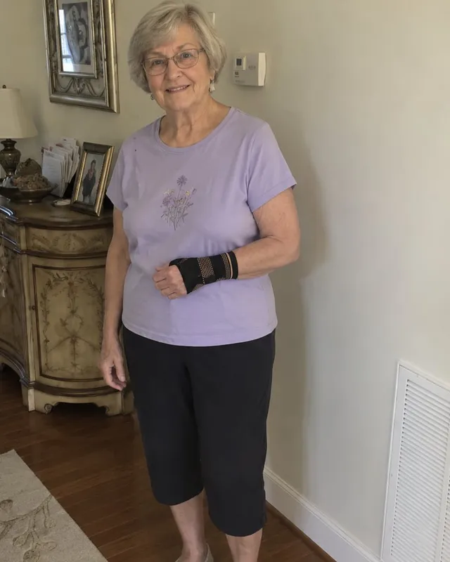 Margaret wearing a wrist compression sleeve at home