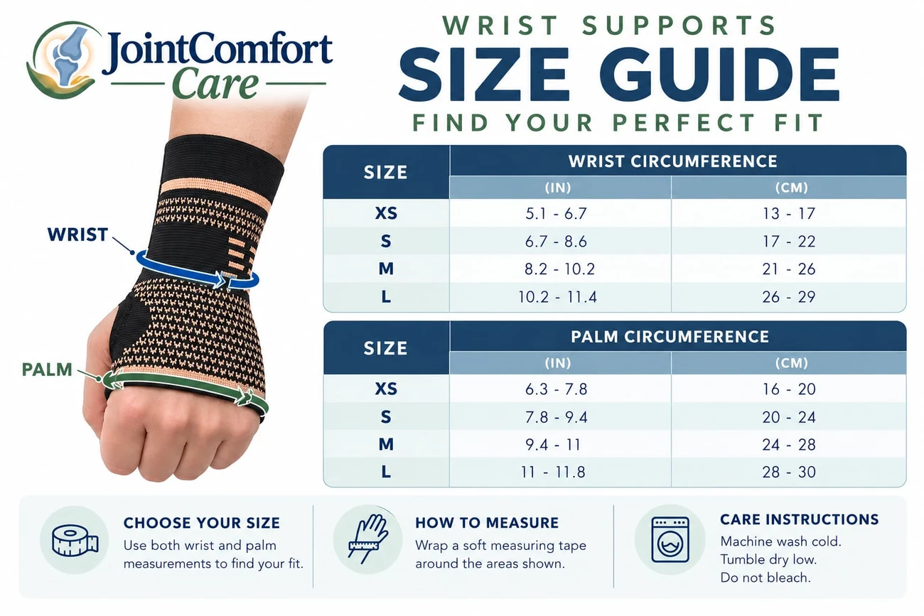 Wrist supports size guide with wrist and palm circumference charts in inches and centimeters for sizes XS, S, M and L