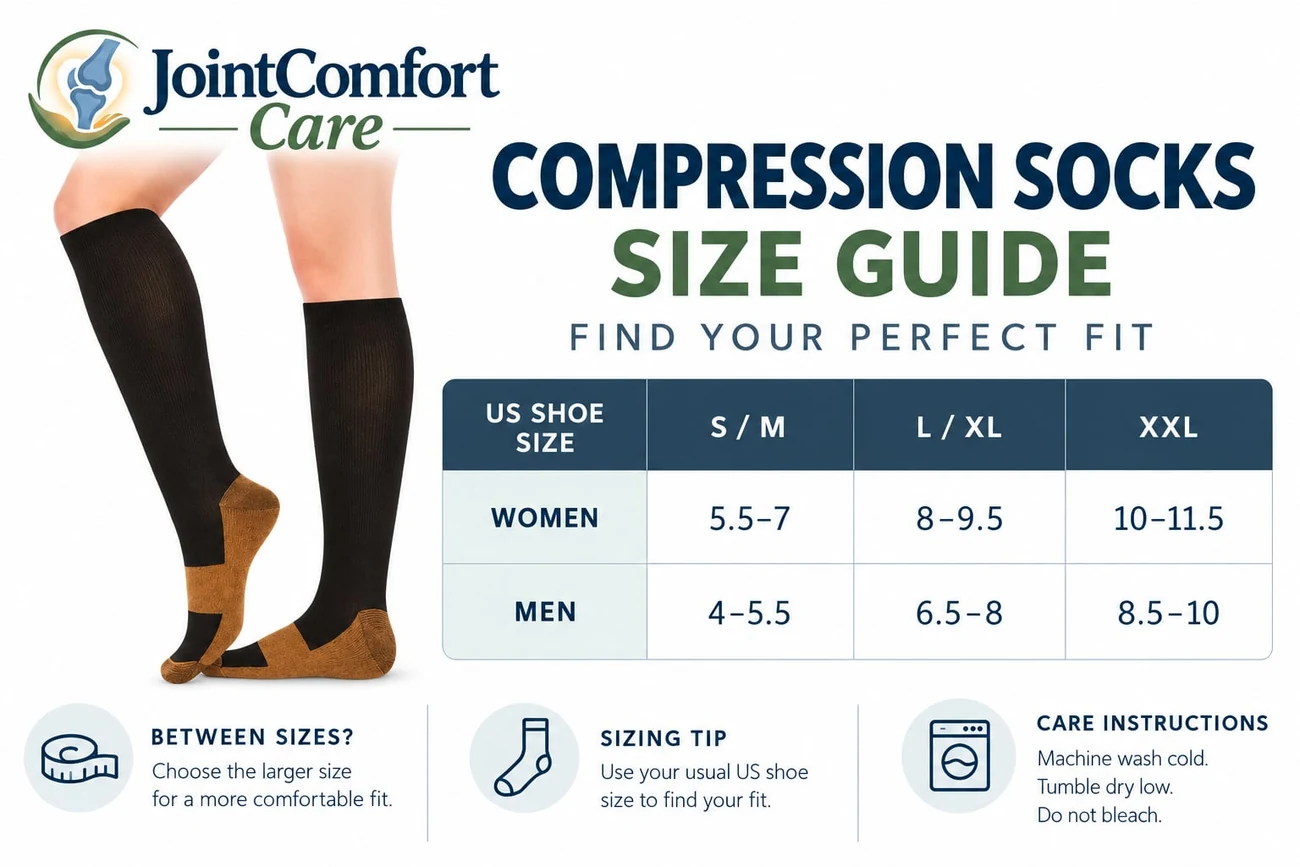 Compression socks size guide: S/M fits women's shoe size 5.5 to 7 and men's 4 to 5.5, L/XL fits women's 8 to 9.5 and men's 6.5 to 8, XXL fits women's 10 to 11.5 and men's 8.5 to 10
